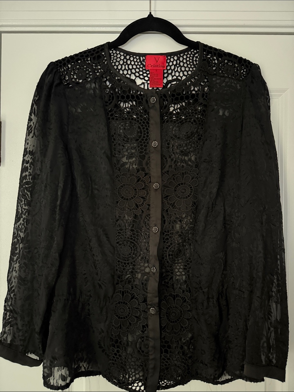 V Cristina Vintage Black Lace Crochet Button-Up Blouse